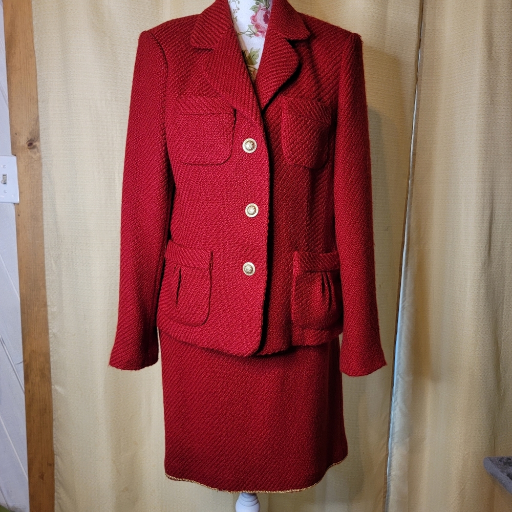 Victor Alfaro Red Wool Suit, Size 12 Jacket/ 10 Skirt